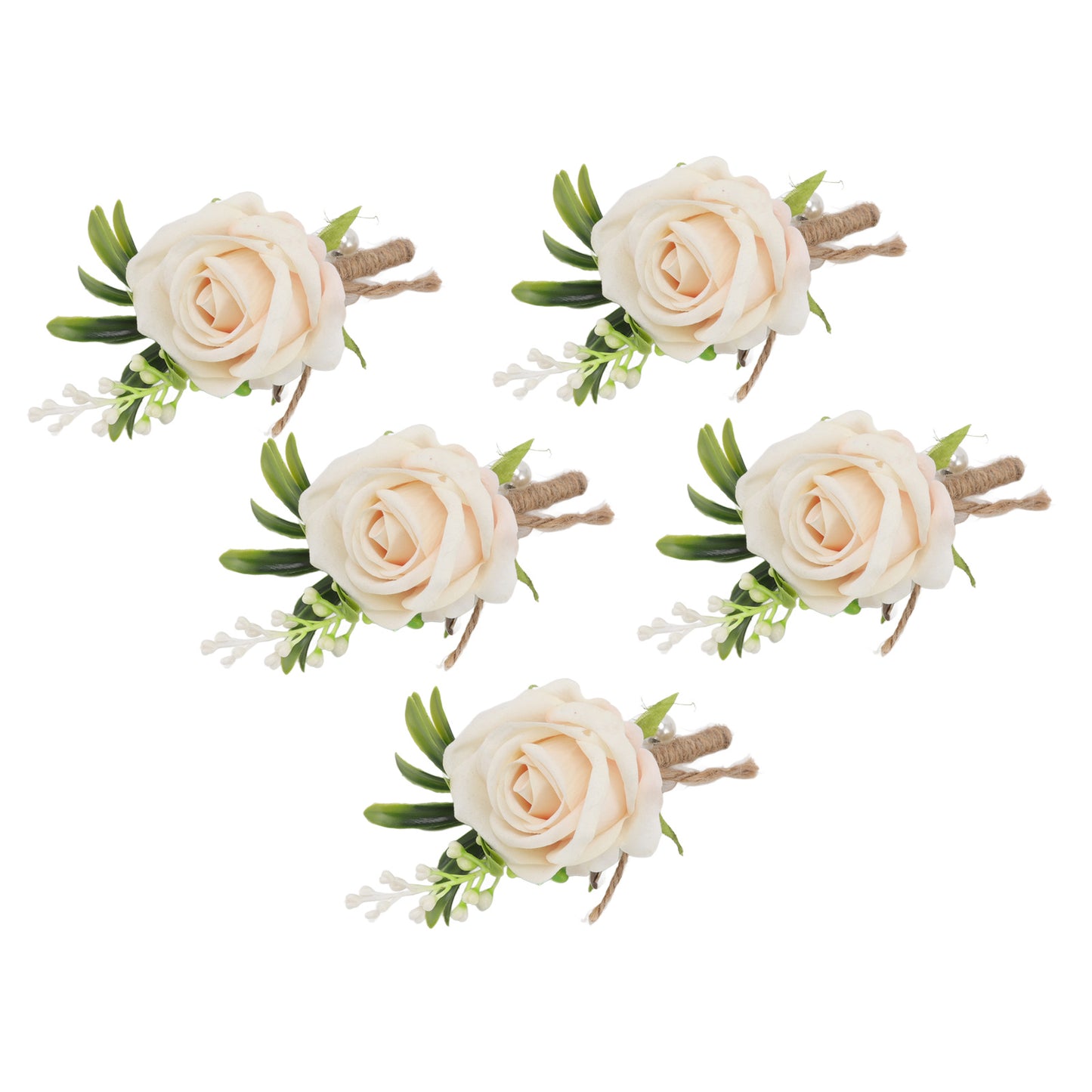 5PCS Wedding Boutonniere Pin Fixed Plastic Artificial Flower Corsage for Bride and Groom Champagne