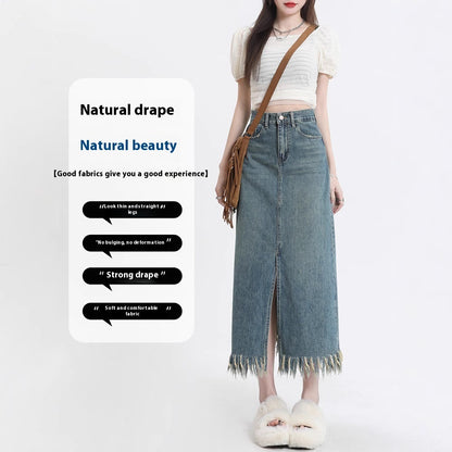 Retro Slit Denim Skirt Women's Tassel Mid-length Hip Skirt