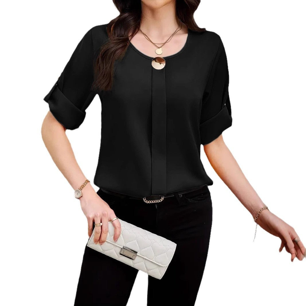 Business All-match Work Clothes Round Neck Roll Sleeve Simple