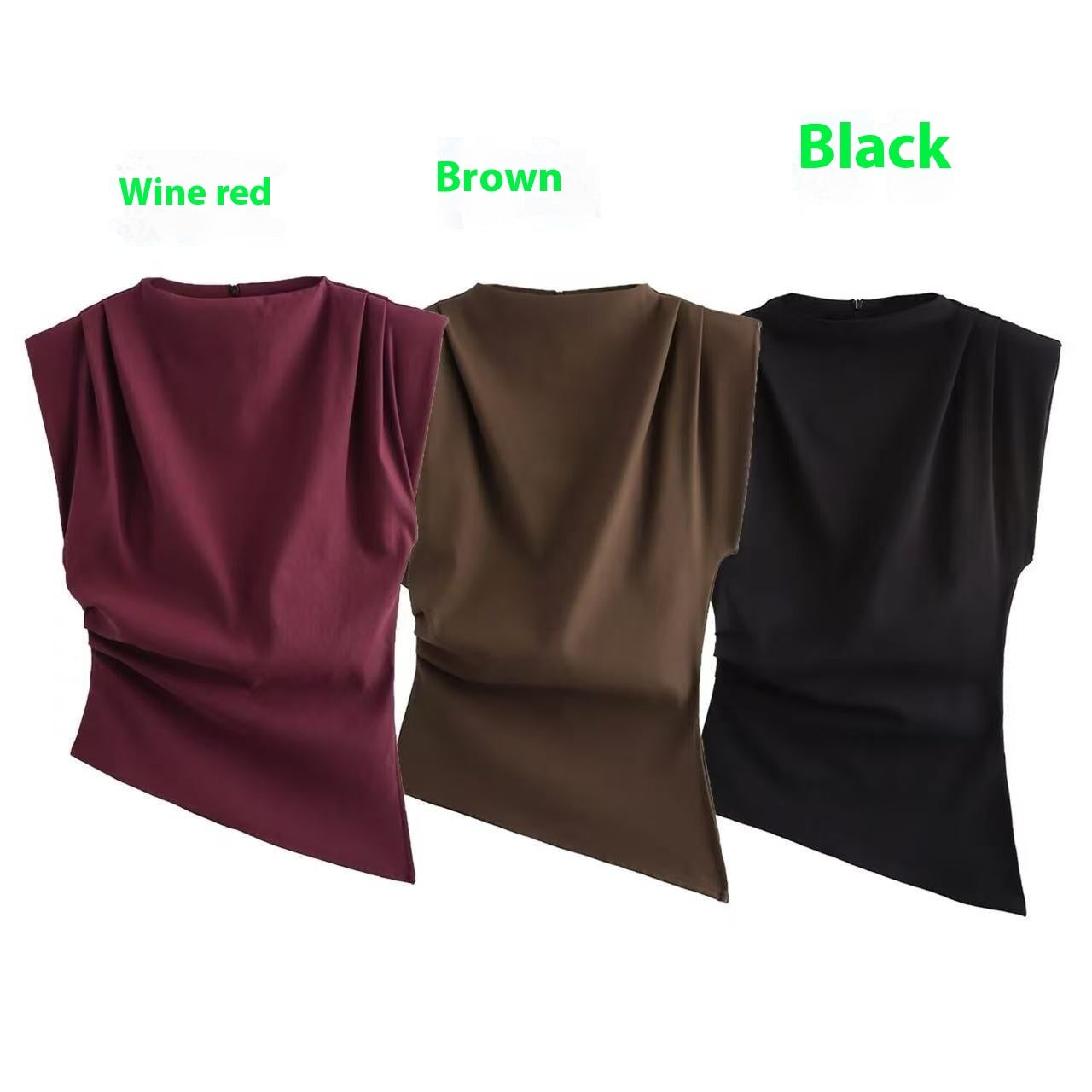 Beveled Pleated Decorative Padded Shoulder Top