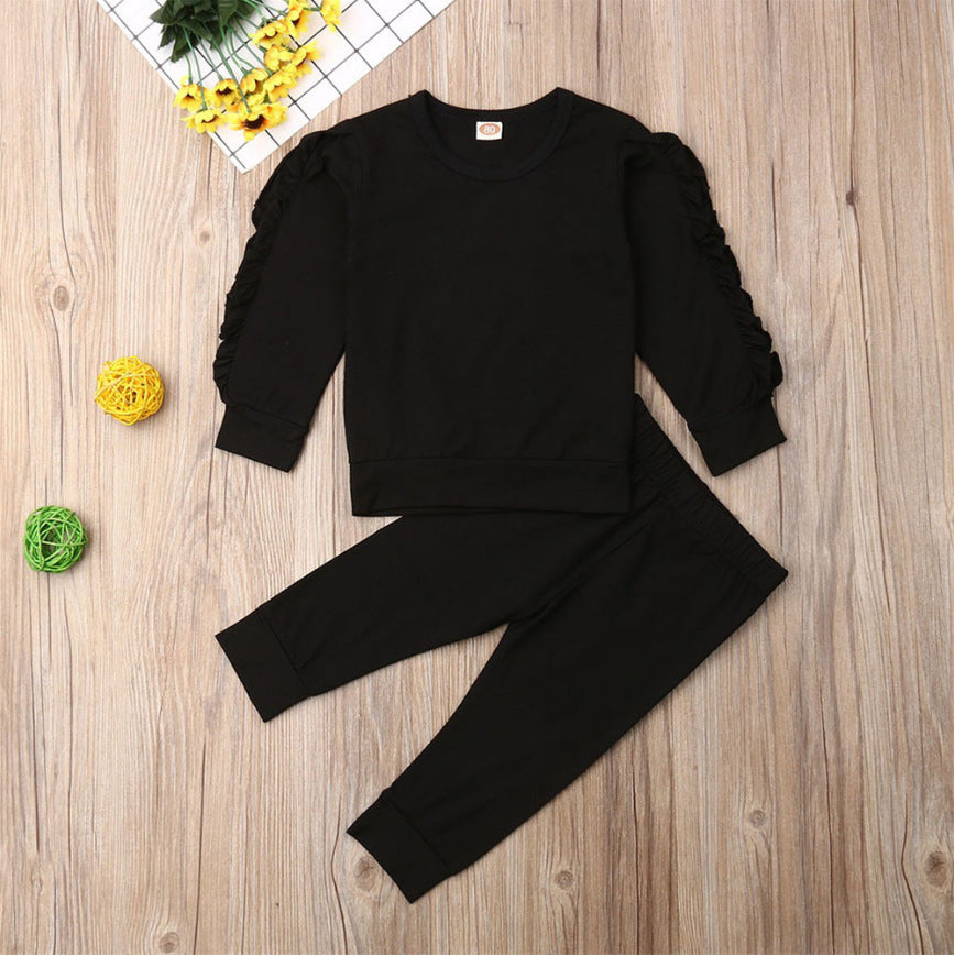 Newborn Baby Boys Girls Ruffles Jumper Solid Long Sleeve Sweatshirt Tops Pants Infant Kids 2Pcs Outfits Clothes Set Fall Clothes