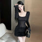 Black Square Collar Fur Stitching Tight Dress