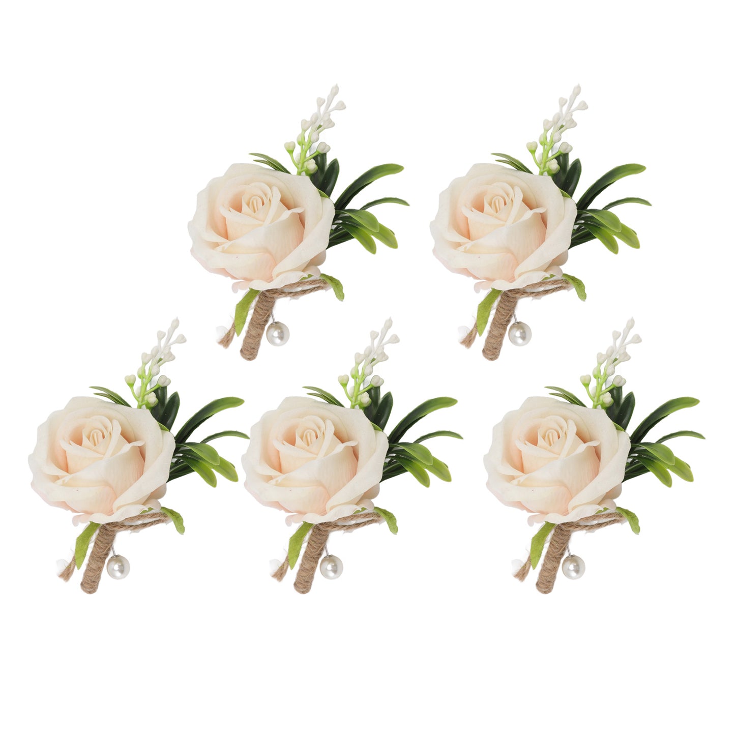 5PCS Wedding Boutonniere Pin Fixed Plastic Artificial Flower Corsage for Bride and Groom Champagne