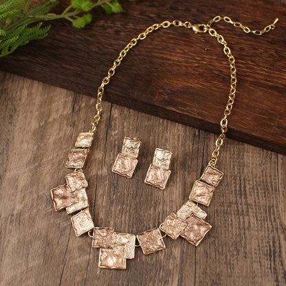 Color Painting Oil Geometric Square Ear Studs Necklace Suit