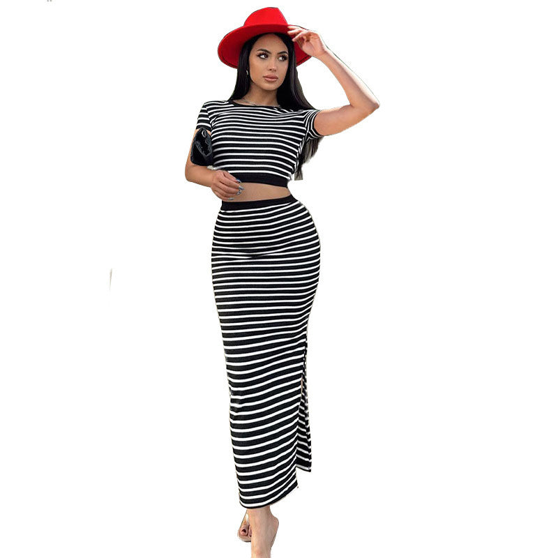 Small Sunken Stripe Casual Striped Backless Short Sleeve Top Slim-fit Skirt