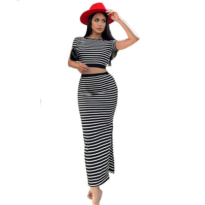 Small Sunken Stripe Casual Striped Backless Short Sleeve Top Slim-fit Skirt