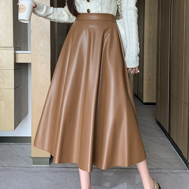 Leather Medium Length Simple A- Line Umbrella Skirt