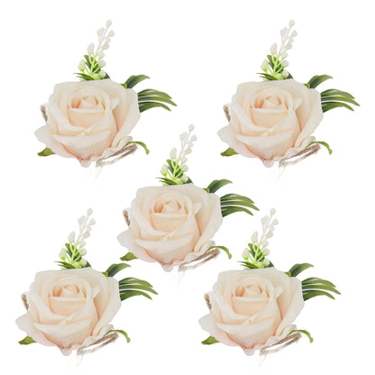 5PCS Wedding Boutonniere Pin Fixed Plastic Artificial Flower Corsage for Bride and Groom Champagne