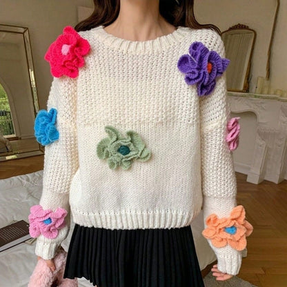 Hollow-out Three-dimensional Flower Sweater Loose Sweater