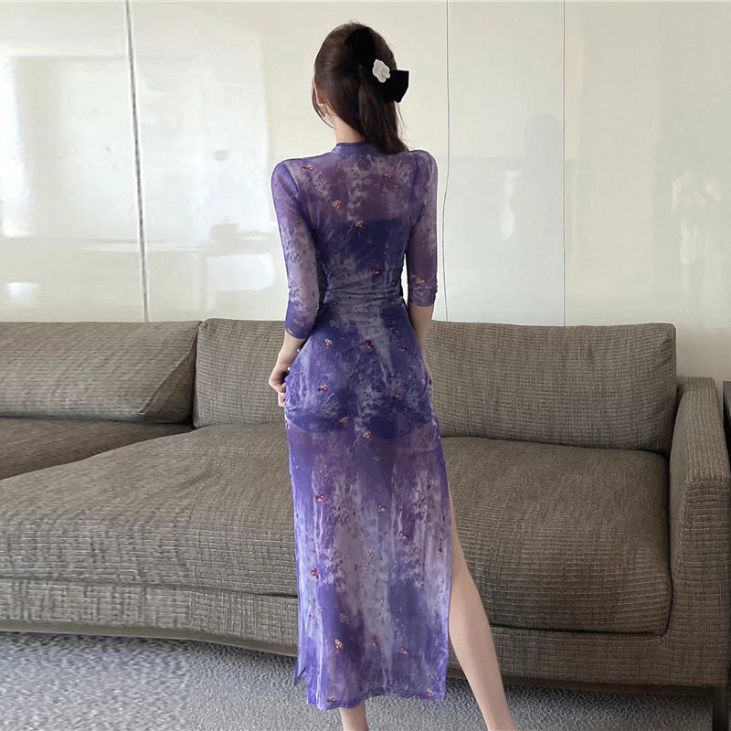 New Chinese Printing Hollow Improved Cheongsam Dress