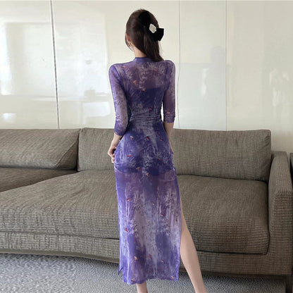 New Chinese Printing Hollow Improved Cheongsam Dress