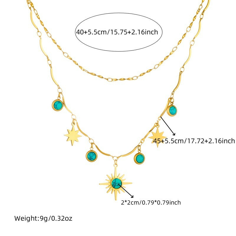 Retro Turquoise Eight-pointed Stars Clavicle Necklace Double Layer