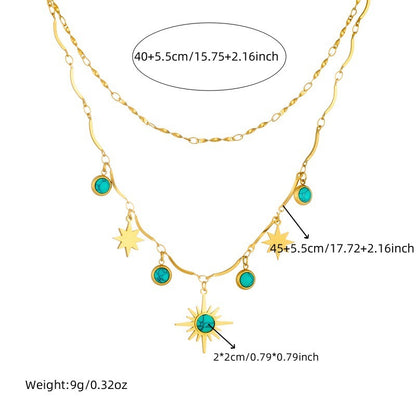 Retro Turquoise Eight-pointed Stars Clavicle Necklace Double Layer