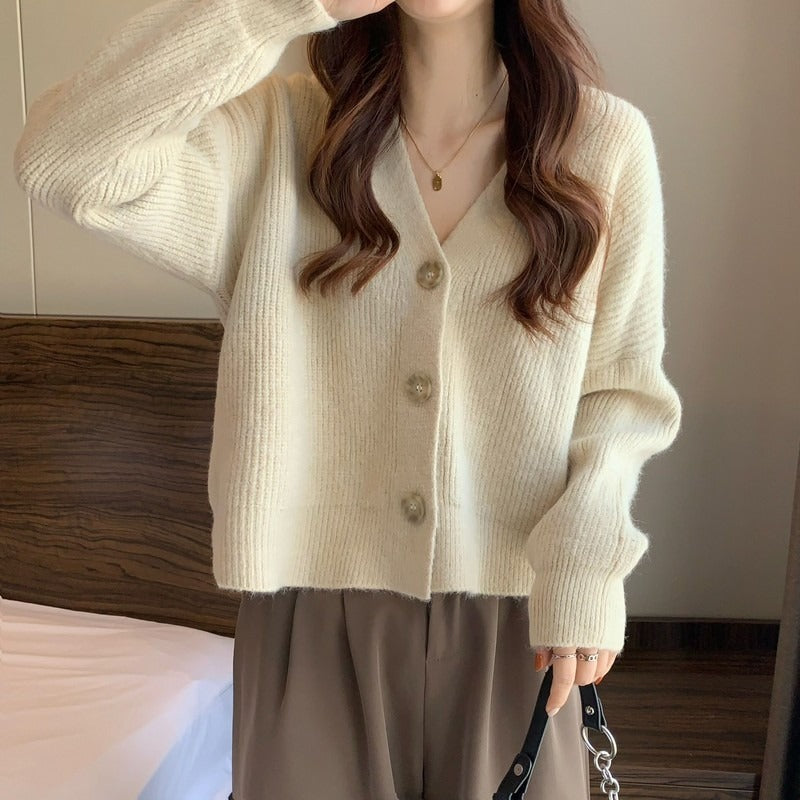 Women's V-neck Pure Color All-match Sweater Coat