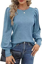 Rib Fabric Round Neck Bubble Shoulder Long Sleeve T-shirt Top