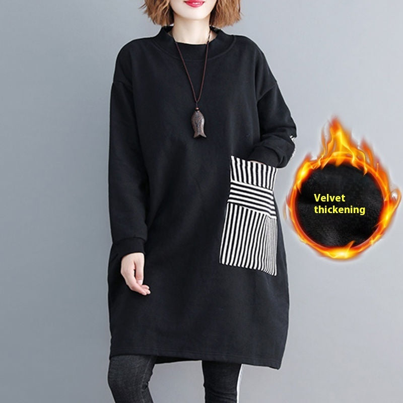 Striped Large Pocket Sweatshirt Slimming Long Sleeve Velvet Hoodie