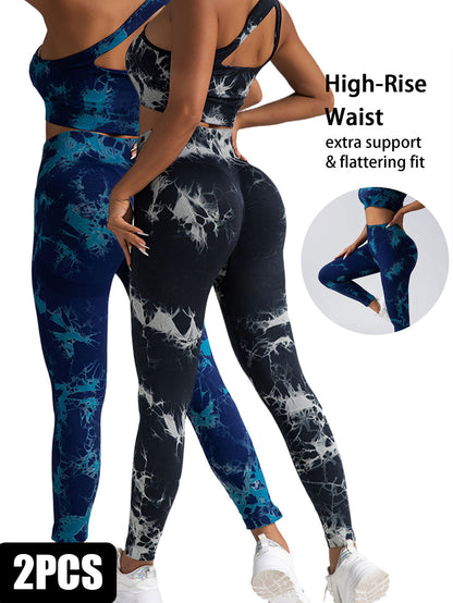 2 Pack Womens Workout Leggings Tie Dye High Waisted Yoga Pants Seamless Scrunch Butt Lifting Compression Tights