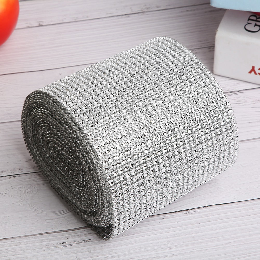 9m 24 Rows Electroplating Plastic Artificial Rhinestone Ribbon Mesh Wedding Clothing DecorationSilver