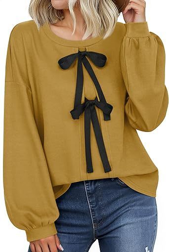 Women's Round Neck Front Lace-up Bow T Pullover Split Long Sleeve Shirt