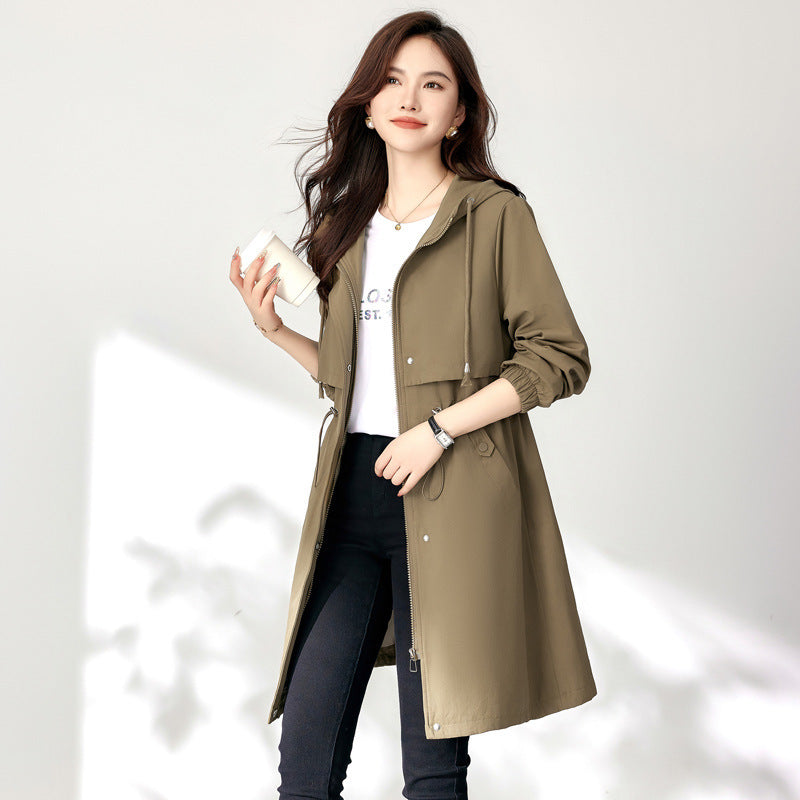 Early Autumn Casual Women's Windbreaker Loose Hooded Fashion Mid-length Slimming Coat