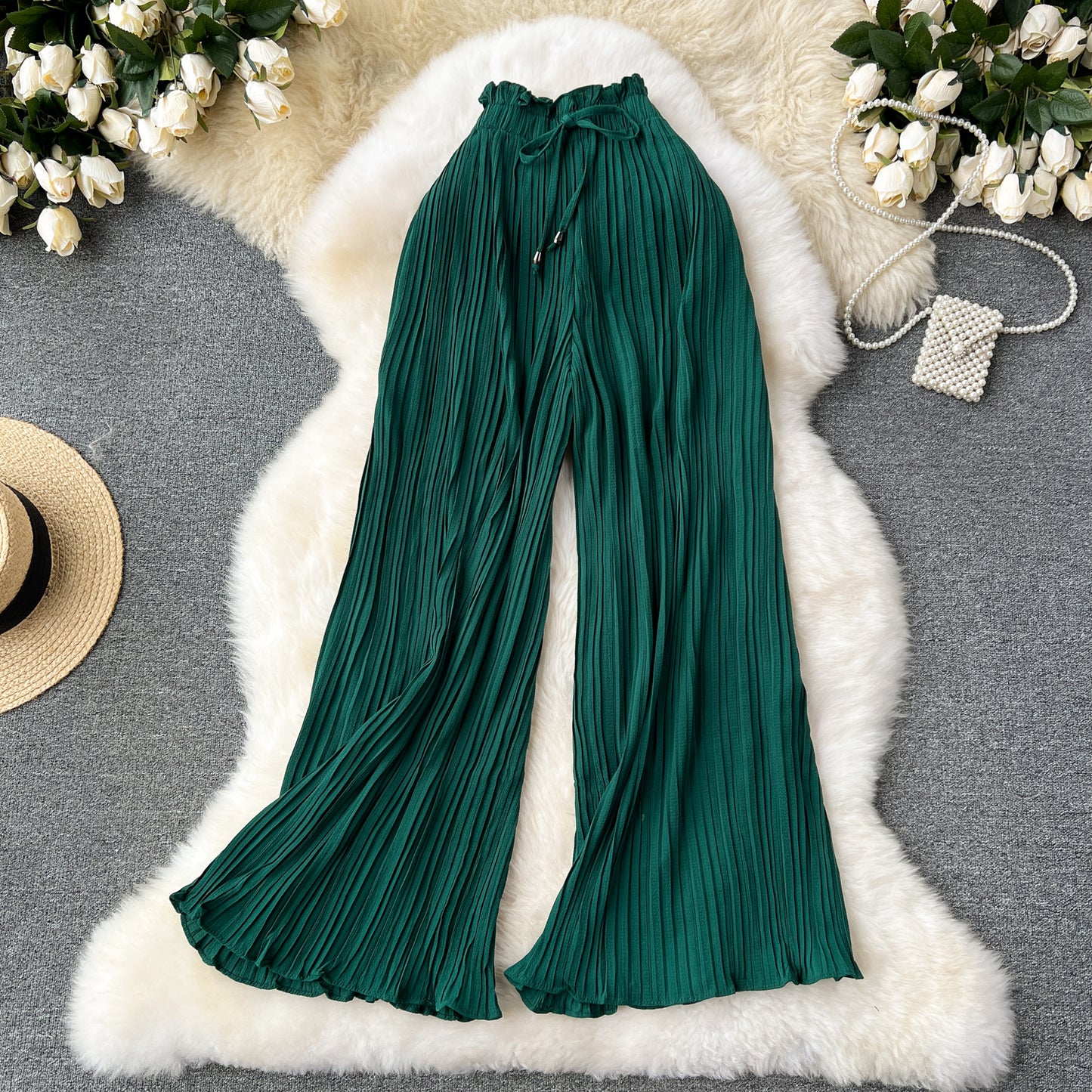 Slimming Slim Fit Draping Effect Wide Leg Pleated Pants