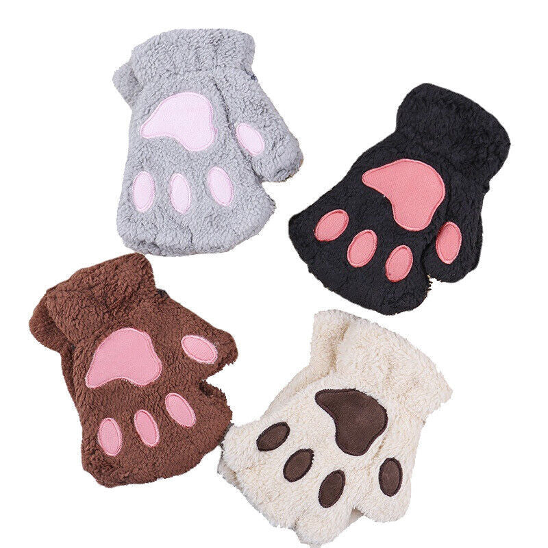 Women Plush Cat Paw Claw Gloves Warm Bear Paw Fingerless Mittens Winter Gloves