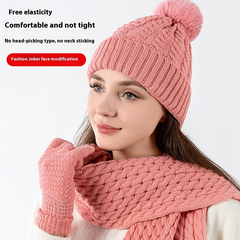 Warm Wool Knitting Hat, Scarf And Gloves Three-piece Set