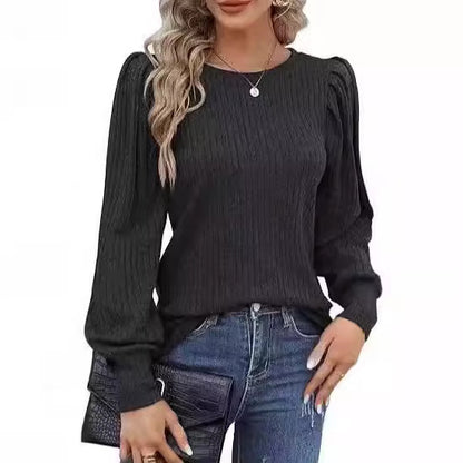 Rib Fabric Round Neck Bubble Shoulder Long Sleeve T-shirt Top