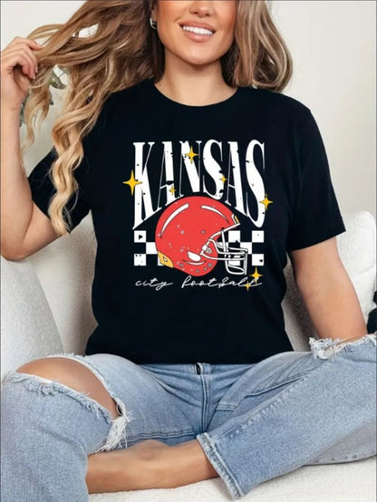 KC, Football Graphic Print T-Shirt - Crew Neck, A Comfortable Women's Short-sleeved Crew Neck T-shirt For Everyday Wear And Stylish Layering