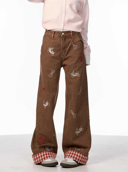 Vintage Bow Puppy Embroidered Wide Leg High Waist Jeans