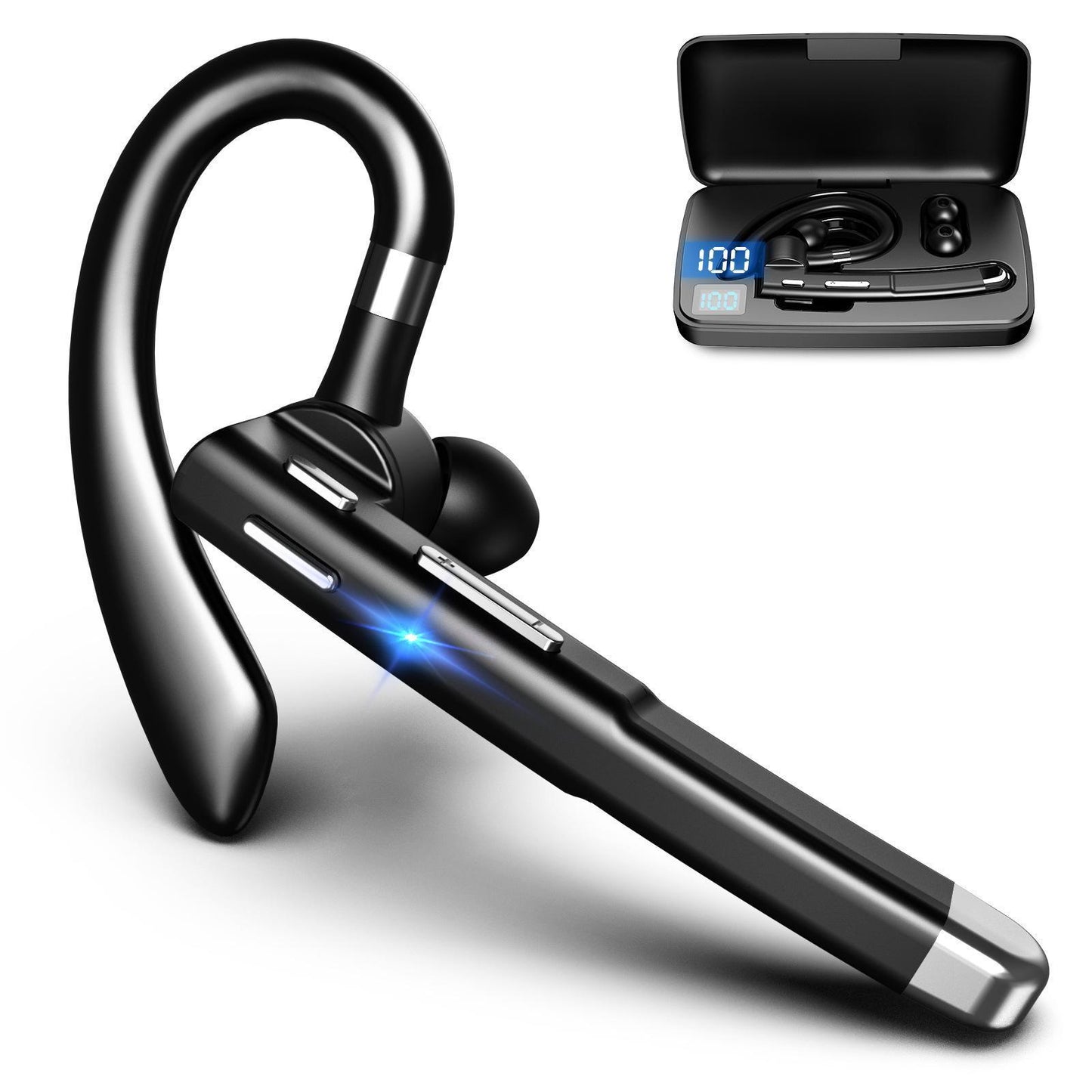 Bluetooth Earpiece Single Ear Wireless Rotatable Handsfree Headset with Battery Display Charging Case for Driving Office Business