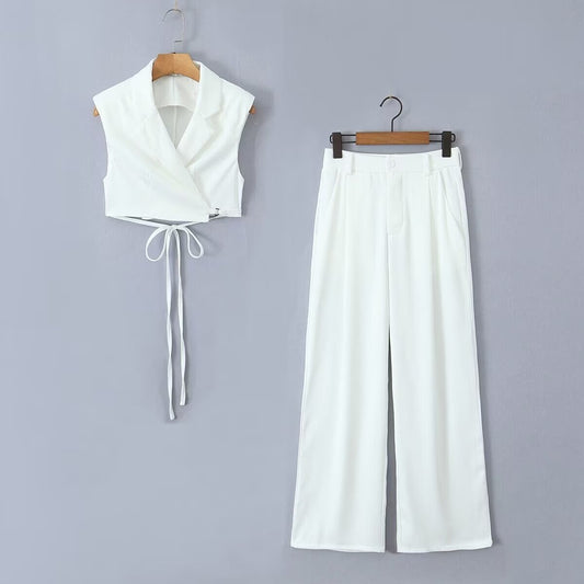 Women's V-neck Vest Short High Waist Straight-leg Pants Suit