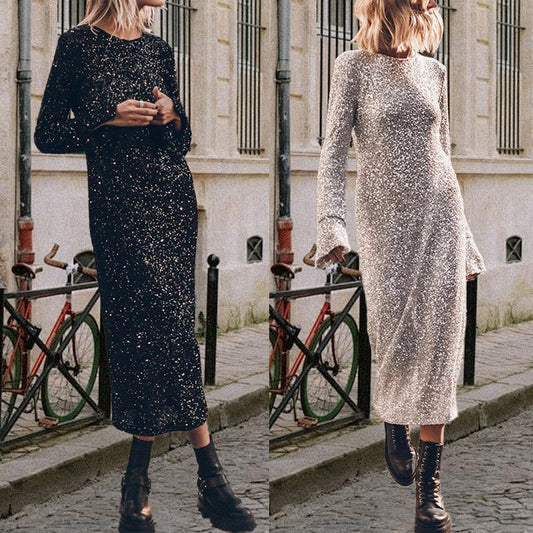 Simple Sequin Street Style Graceful And Fashionable Long Sleeve Dress