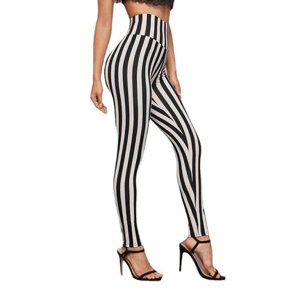 Vertical Stripes High Waist Leggings Cropped Skinny Pants