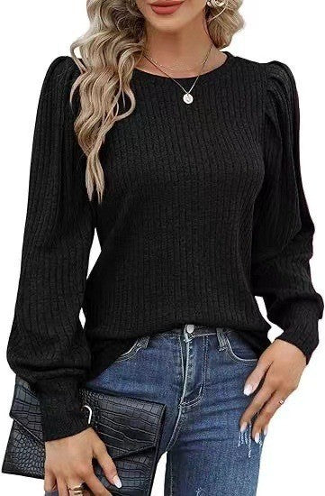 Rib Fabric Round Neck Bubble Shoulder Long Sleeve T-shirt Top