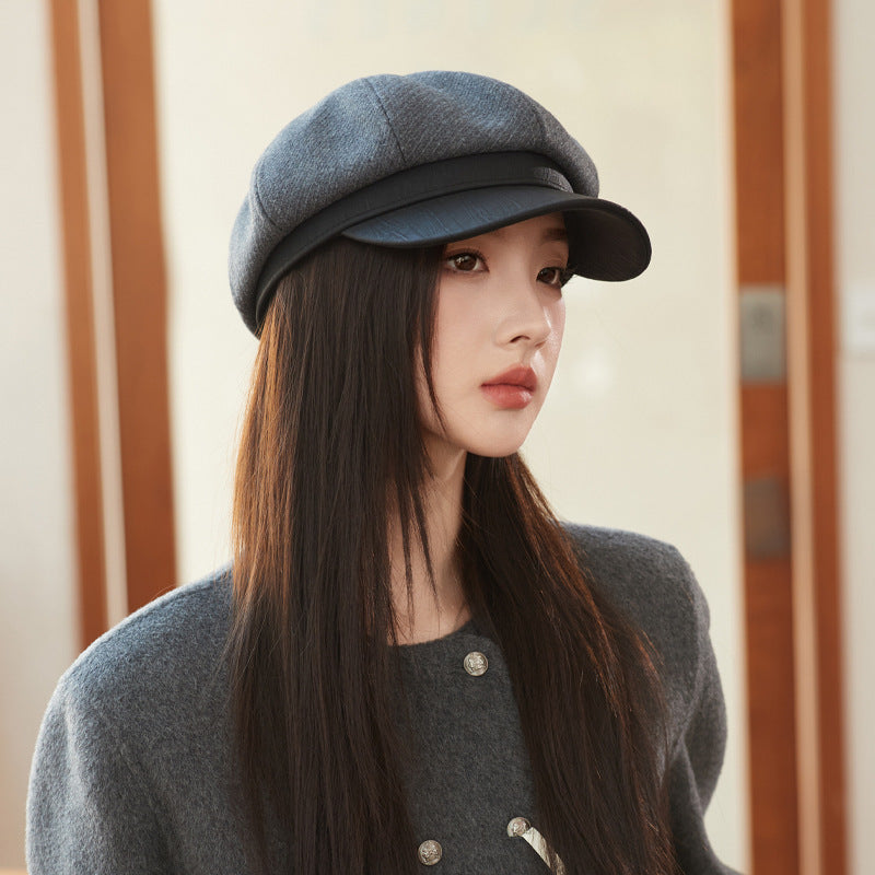 Korean Hat British Retro Leather Along Octagonal Cap