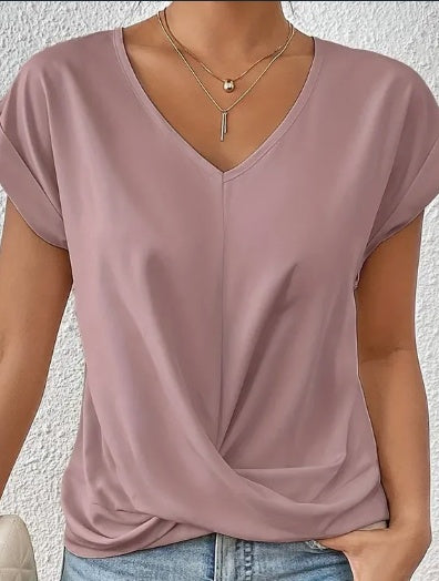 Knot V Neck T-Shirt, Casual Short Sleeve T-Shirt For Spring & Summer, Women's Clothing