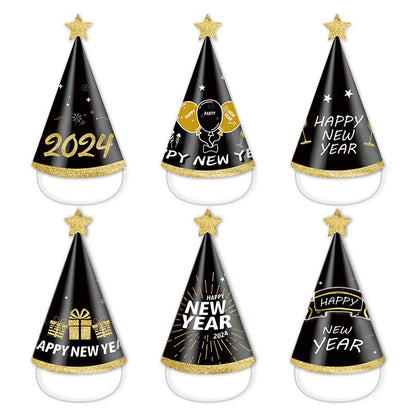 6pcs Happy New Year 2024 Theme Paper Hat Party Decoration Photo Props