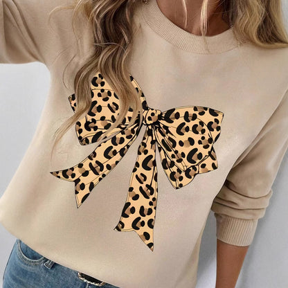 Leopard Print Stud For Autumn And Winter Bow Printed Loose Top