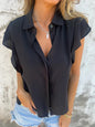 Solid Color Satin Casual Loose Button Short Sleeve