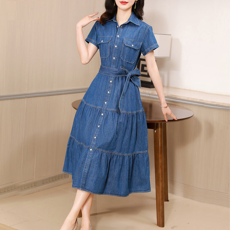 Cotton Large Hem Shirt Dress Long Skirt Denim Dress