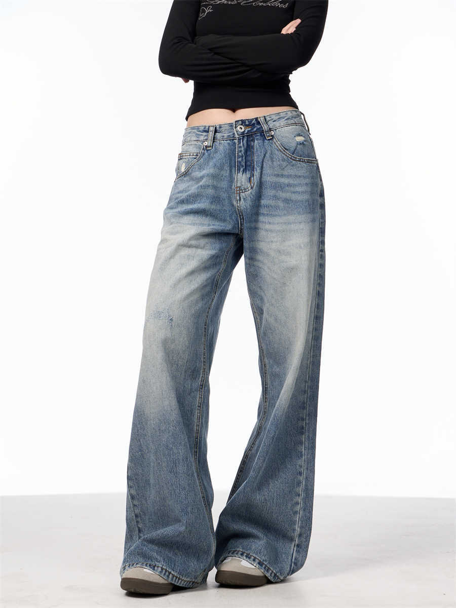 Retro Washed Distressed High Waist Jeans Damen, Blaue Hose