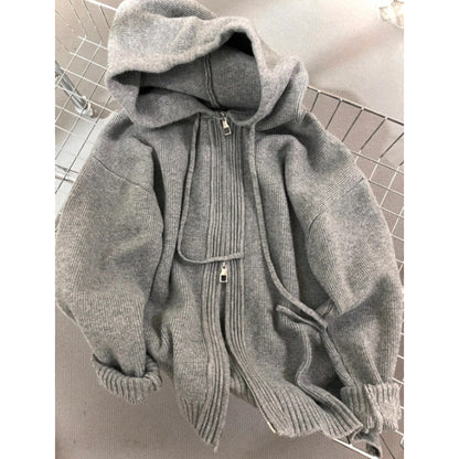 Autumn And Winter Loose Thickened Gray Hooded Sweater Coat Women