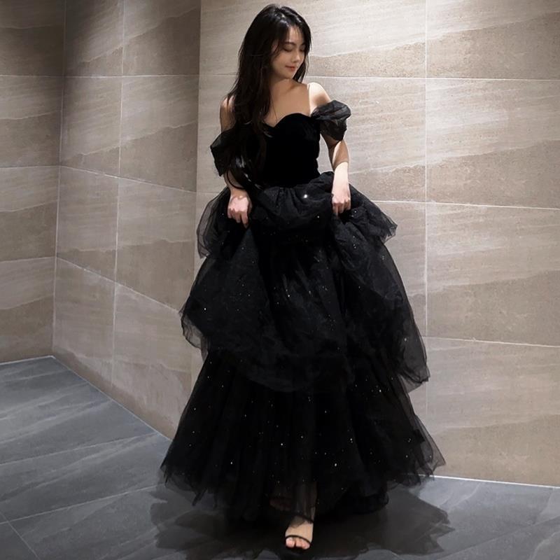 Black Evening Dress Light Luxury Minority French Style Pettiskirt