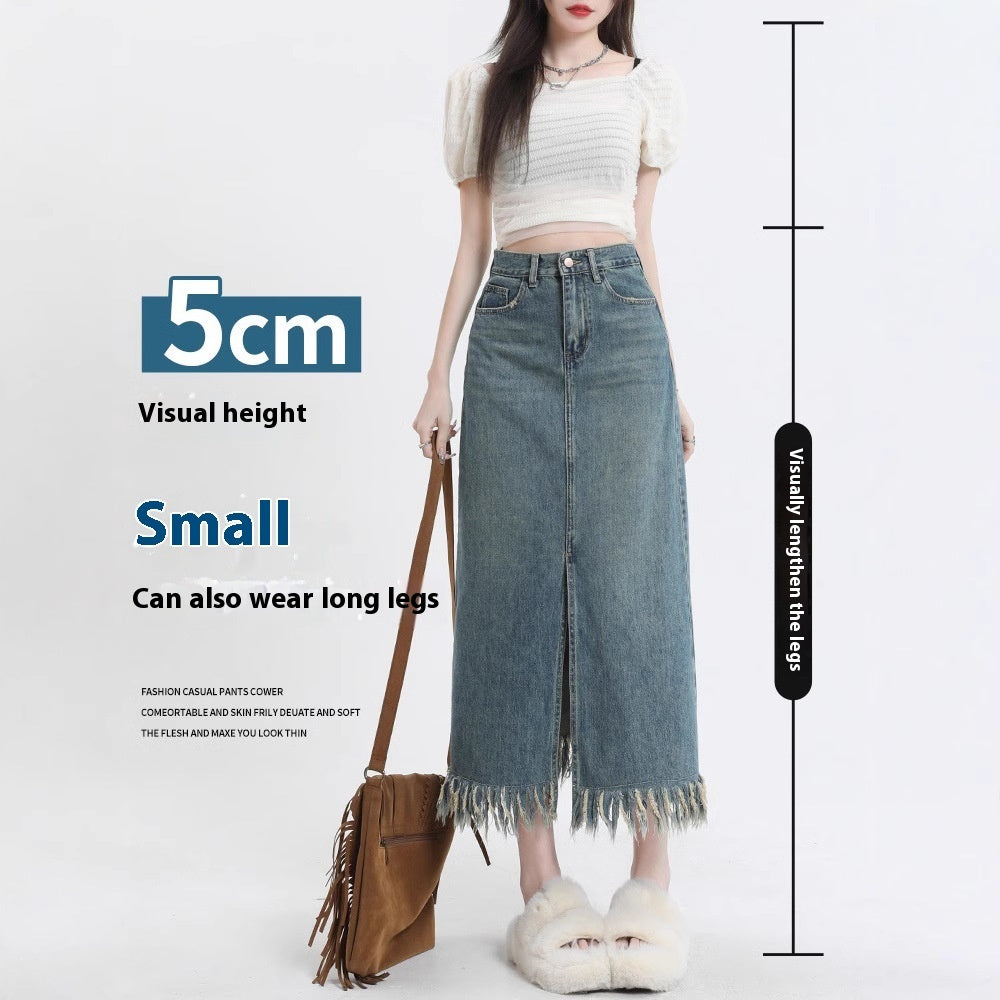 Retro Slit Denim Skirt Women's Tassel Mid-length Hip Skirt