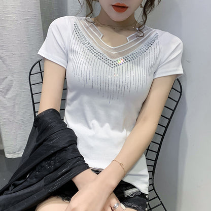 Mesh V-neck Patchwork T-shirt Women's Short Sleeve