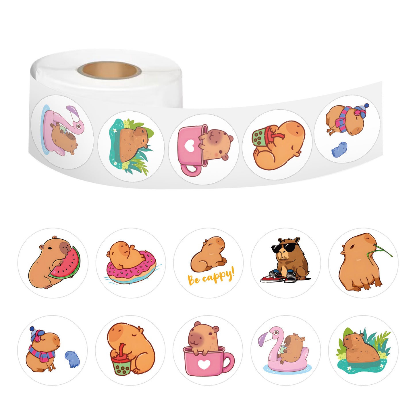 500 Stickersroll Cartoon Capybara Roll Stickers Children's Color Stickers Decorative Notebook Guitar Stickers