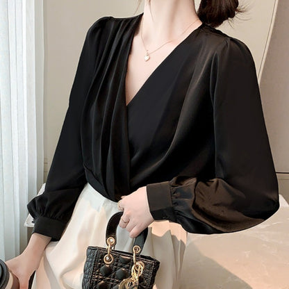 V-neck Satin Long-sleeved Shirt Women's Professional Bottoming Shirt