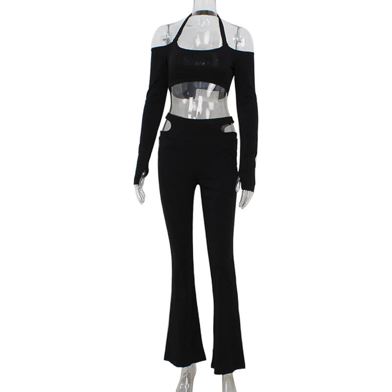 Long Sleeve Off-shoulder Cross-halterneck Short Top High Waist Flared Pants Slim Fit Suit