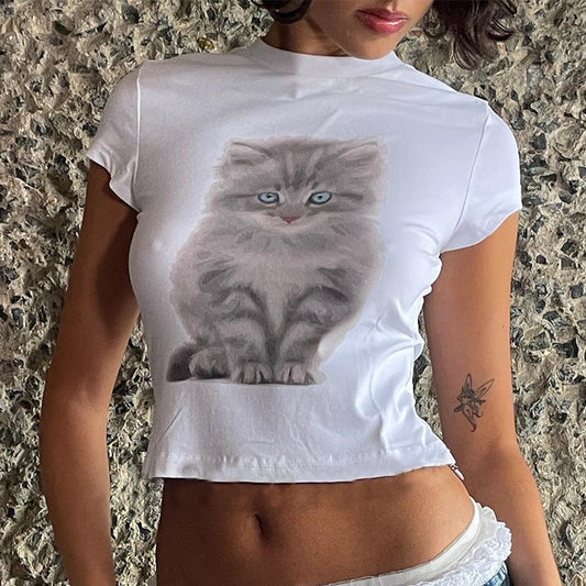 Fashion Round Neck Letter Cat Printing Short T-shirt